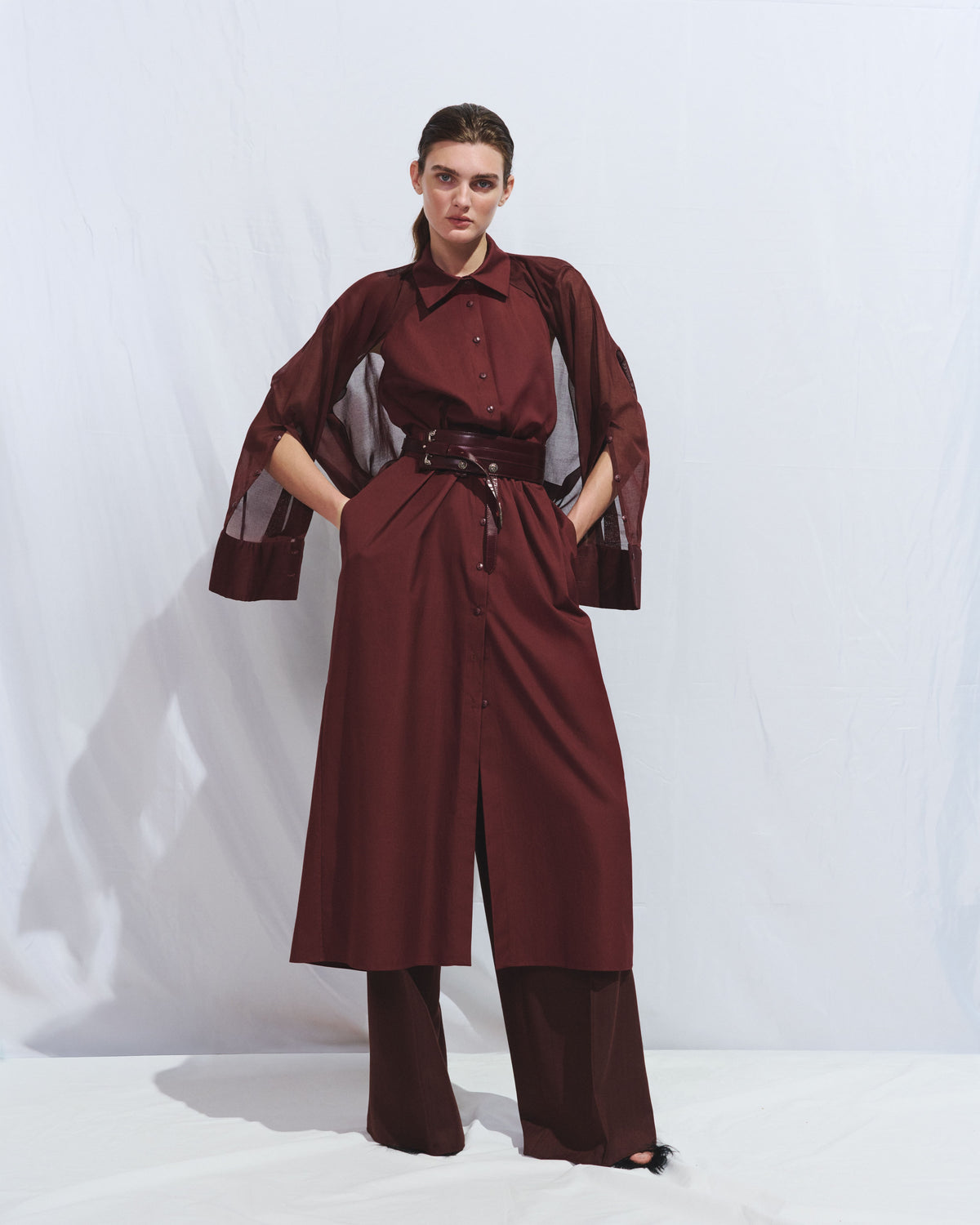 Barn red dress with transparent cape