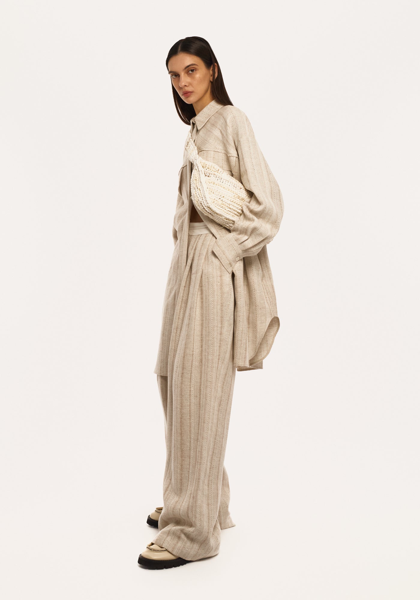 Grey-beige pants on the corsage belt