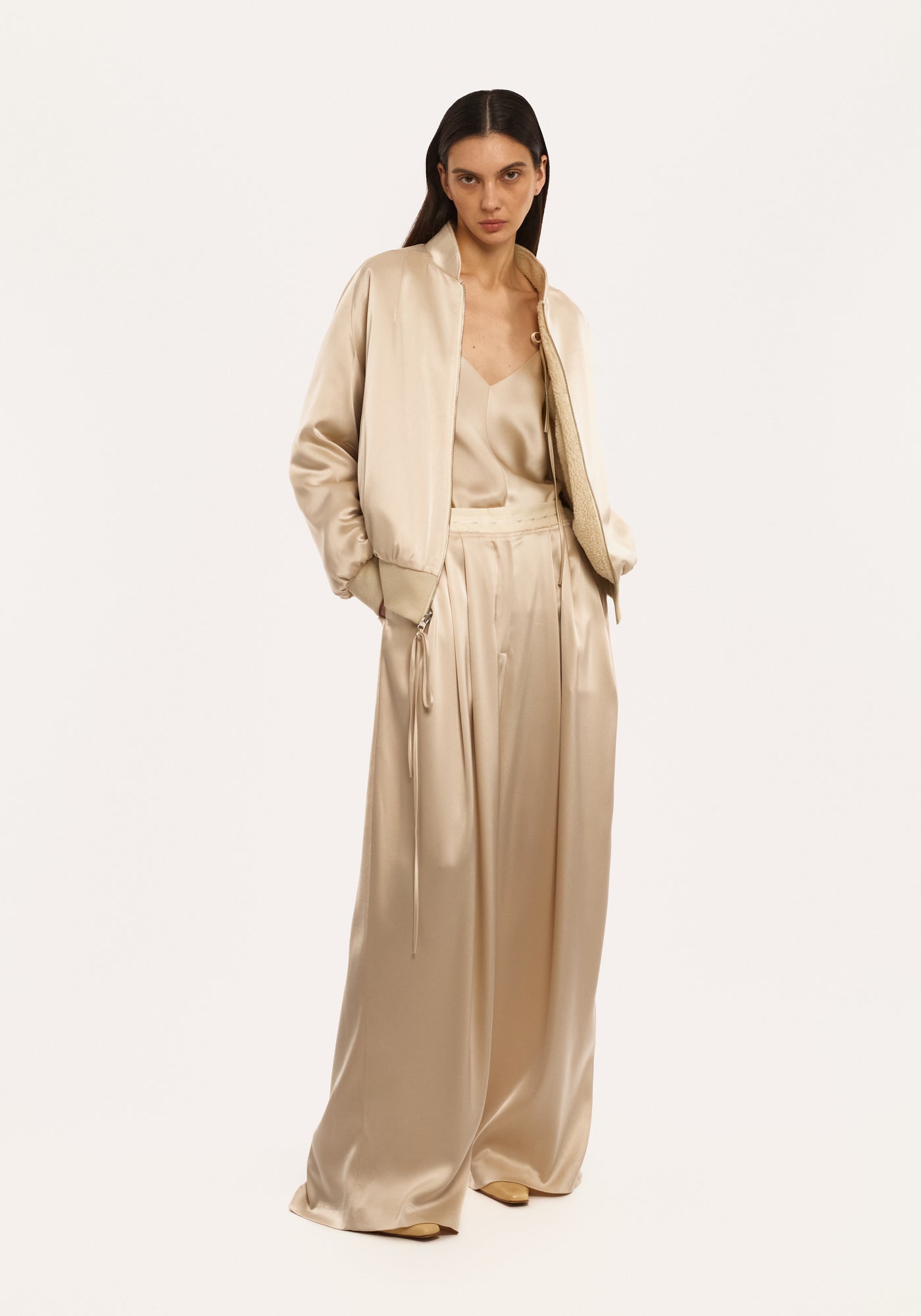 Double-sided silk faux fur bomber