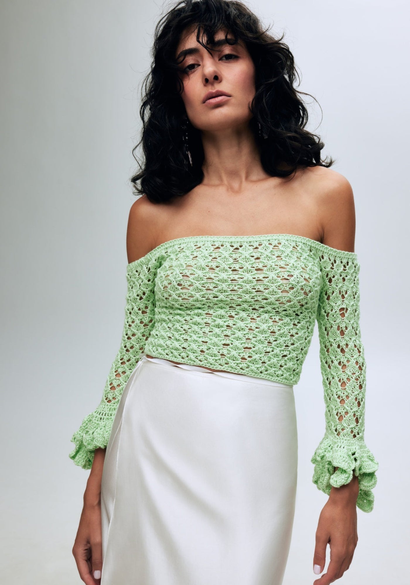 Lettuce green crochet top with handmade ruffles