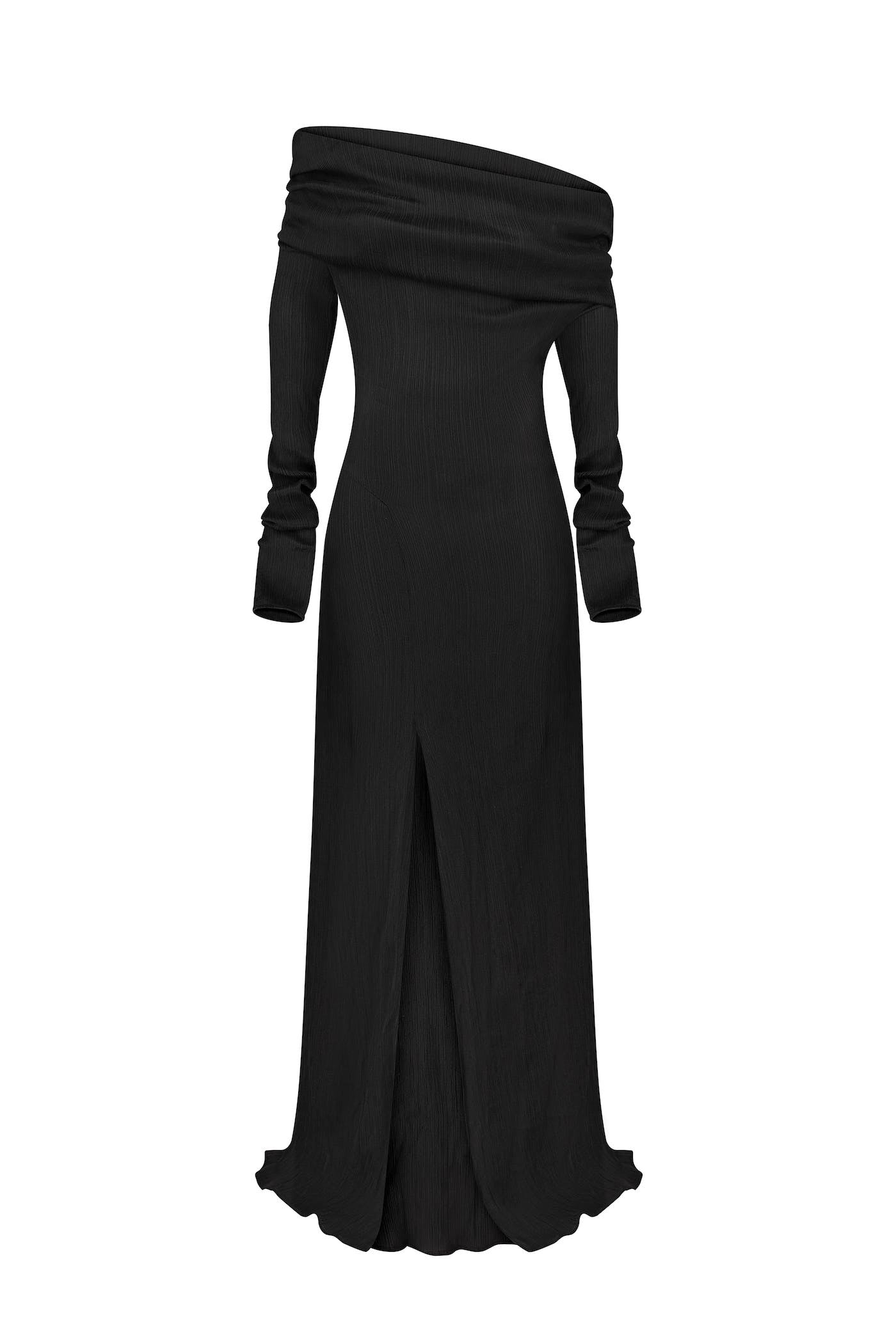 Black silk dress with bare shoulders