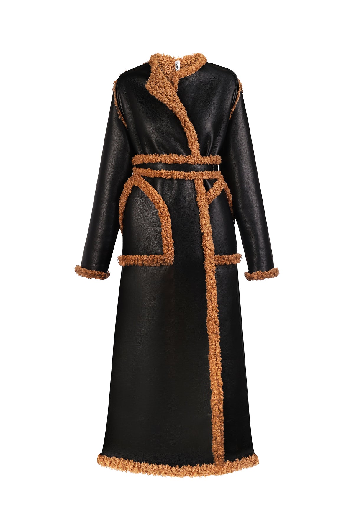 Long black eco-leather sheepskin coat