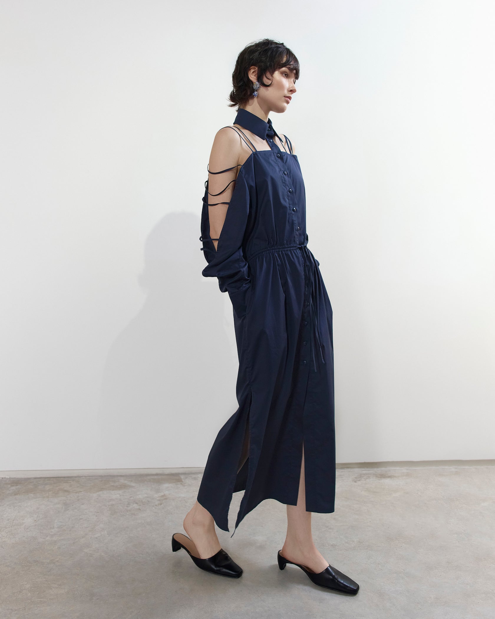 Dark blue shirt-dress with many straps