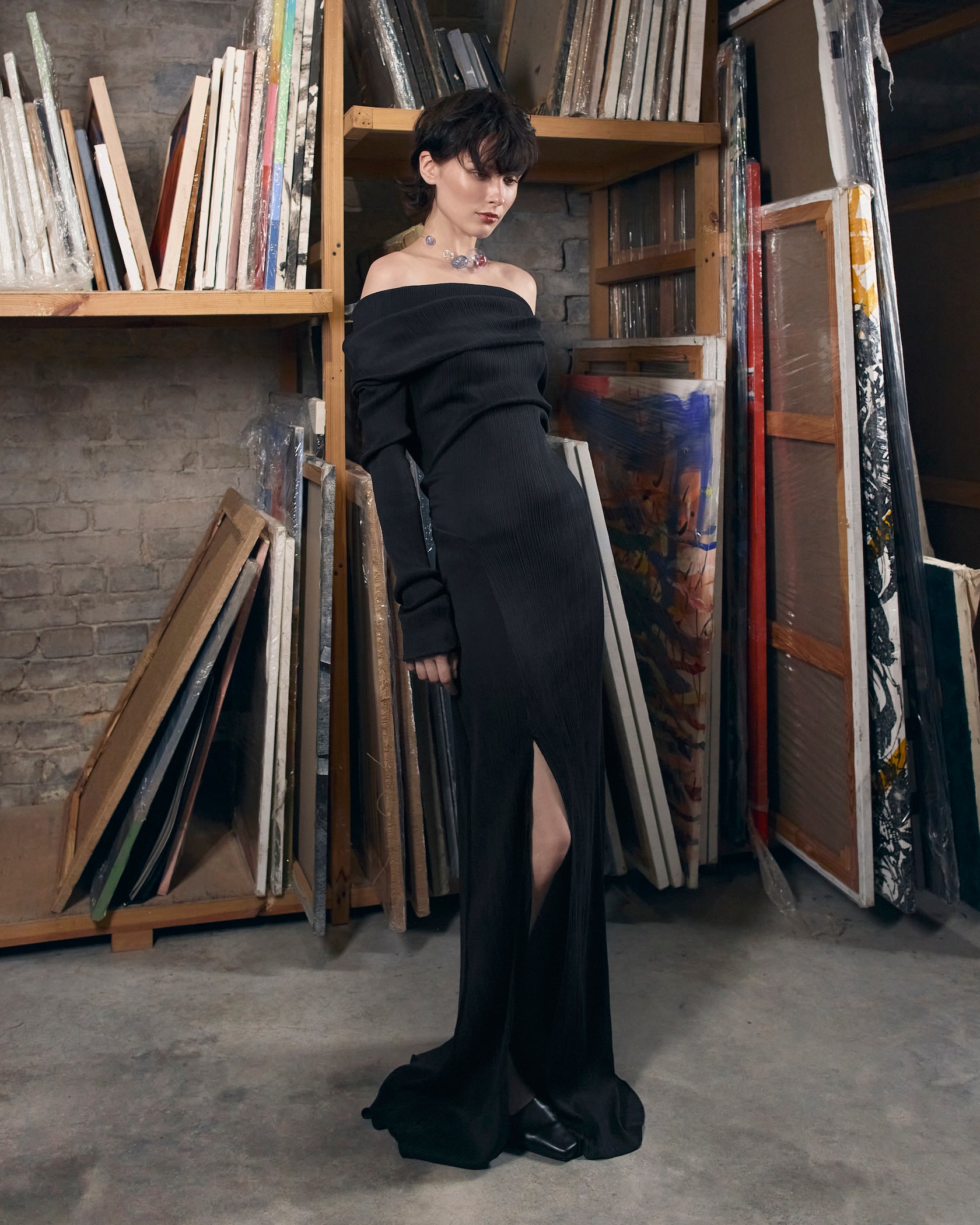 Black silk dress with bare shoulders