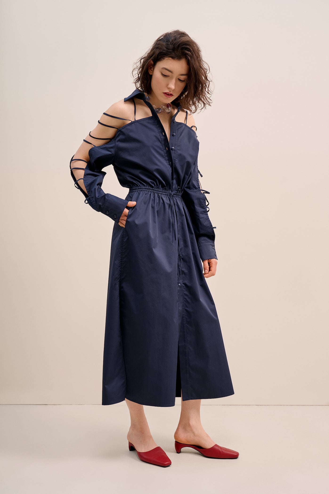 Dark blue shirt-dress with many straps