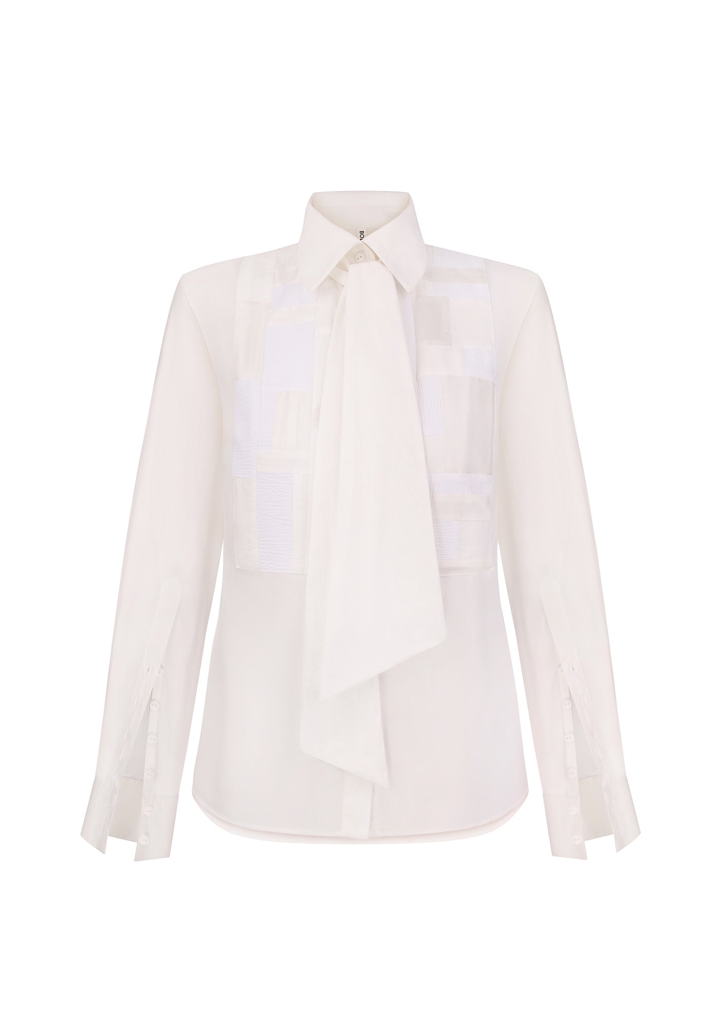 White shirt with patchwork and tie