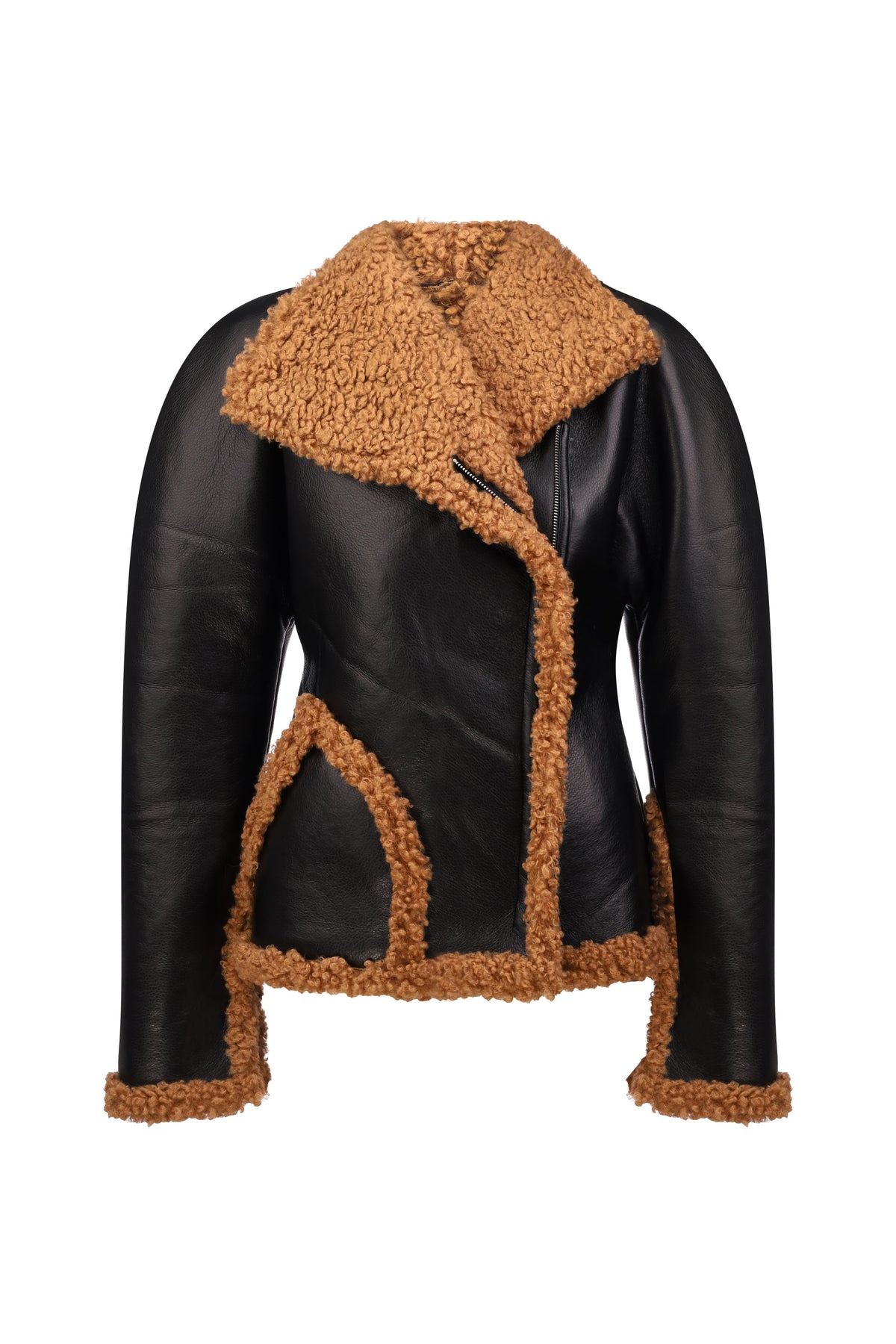 Black eco-leather sheepskin coat