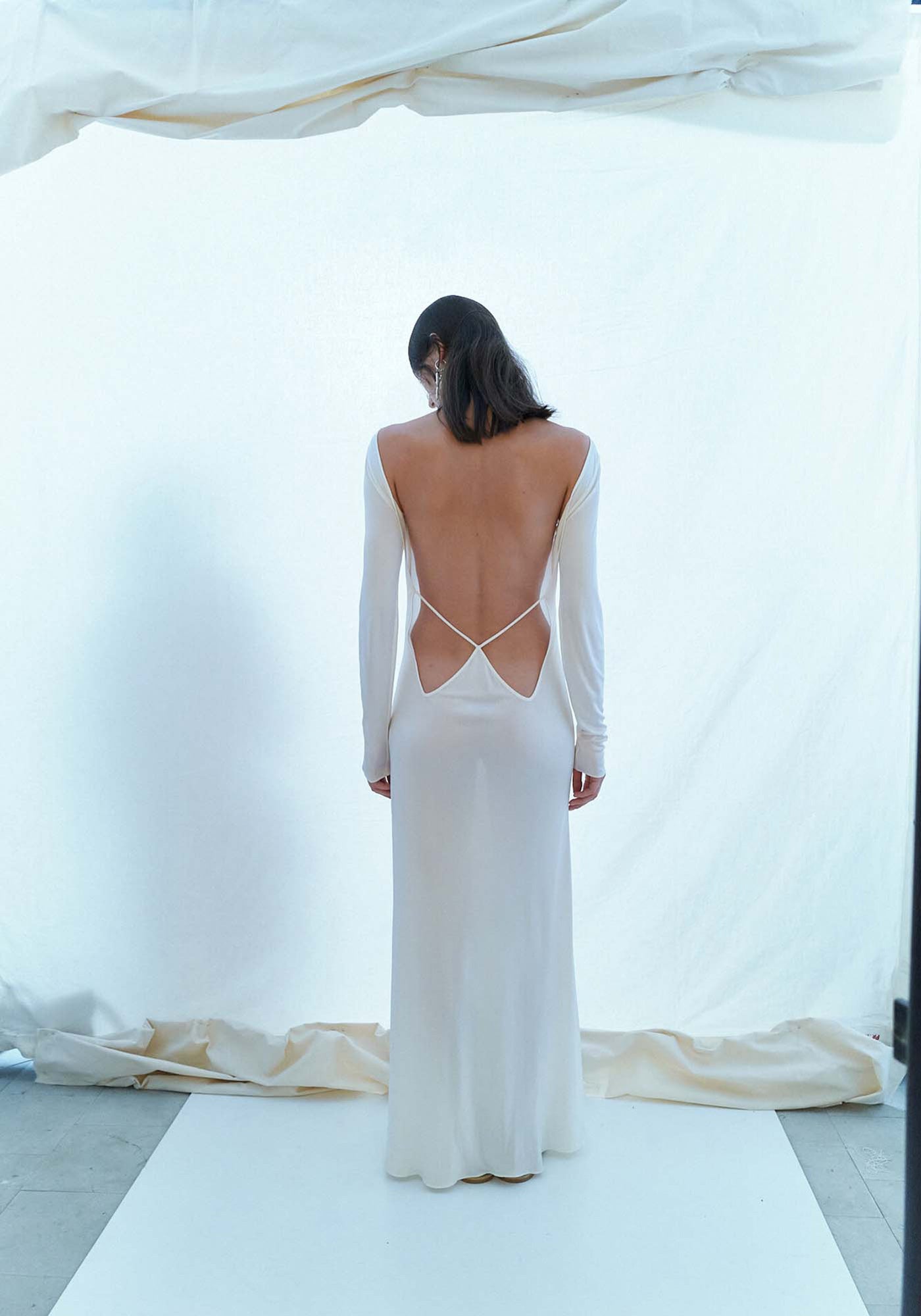 White open-back silk dress