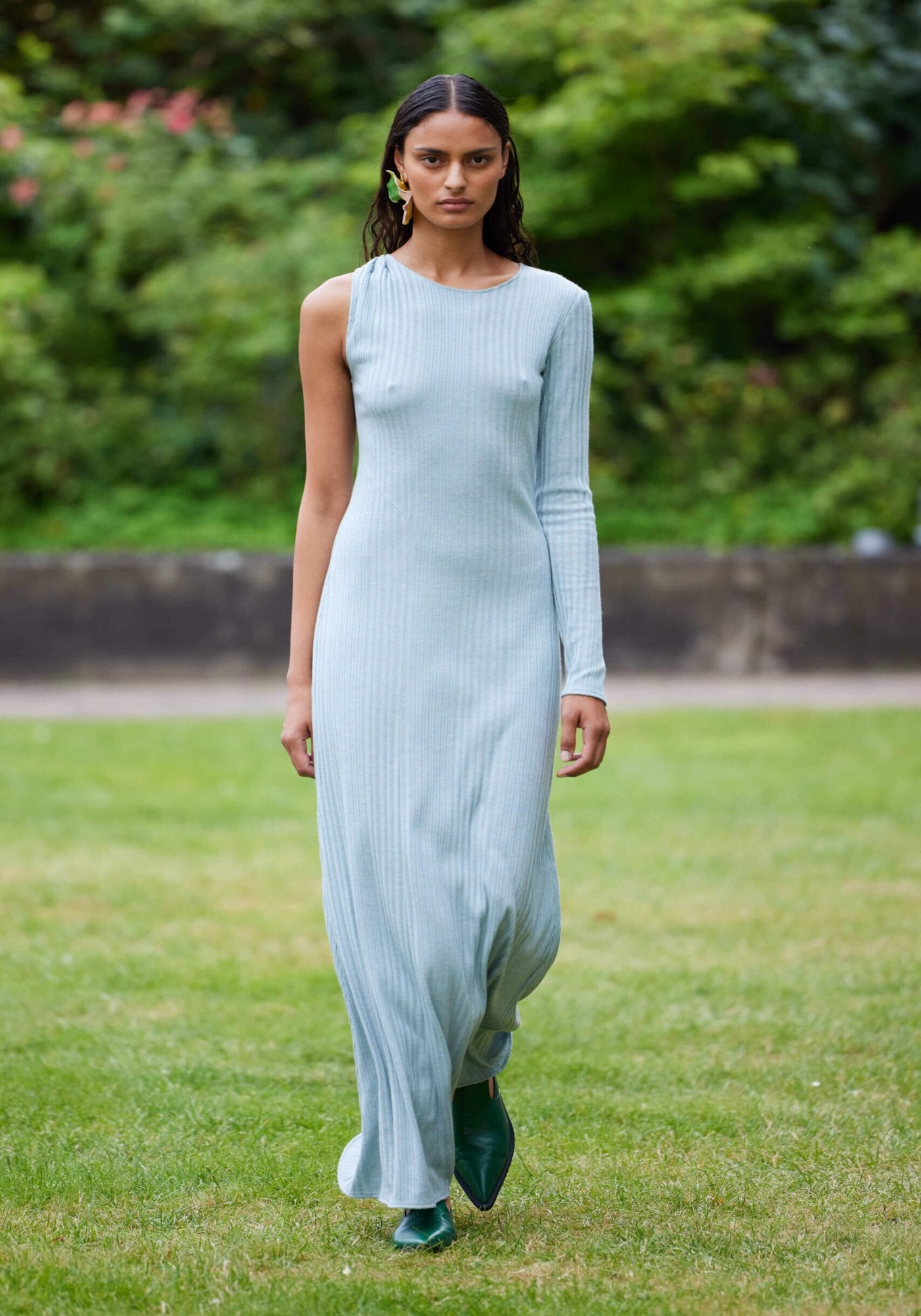 Ash blue one-shoulder dress