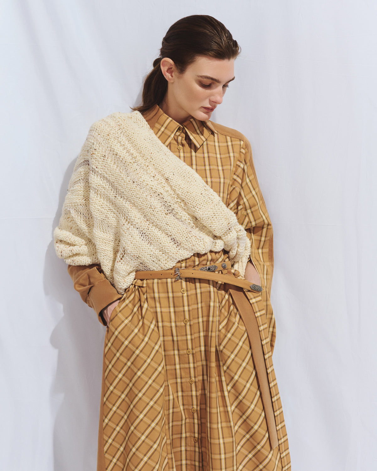 Combined plaid honey dress-shirt with belts
