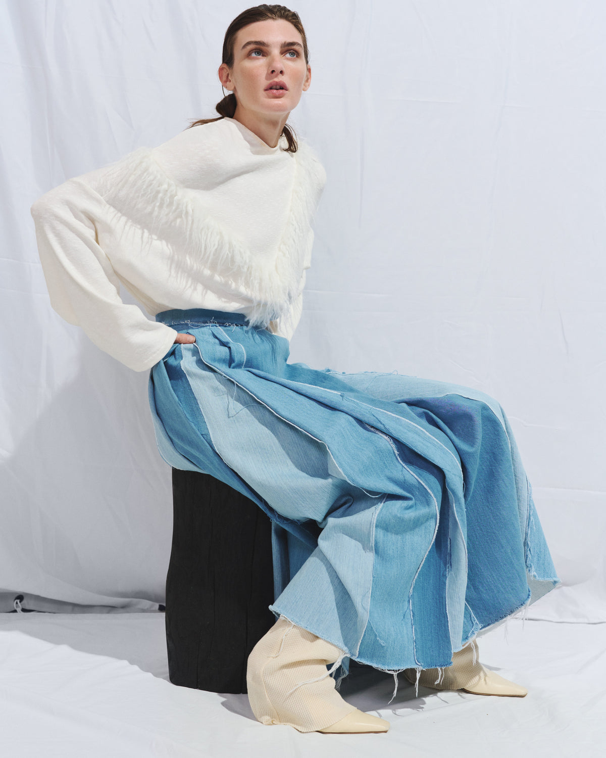 Denim maxi skirt with raw edges