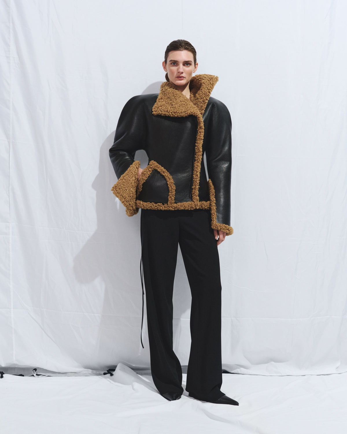 Black eco-leather sheepskin coat