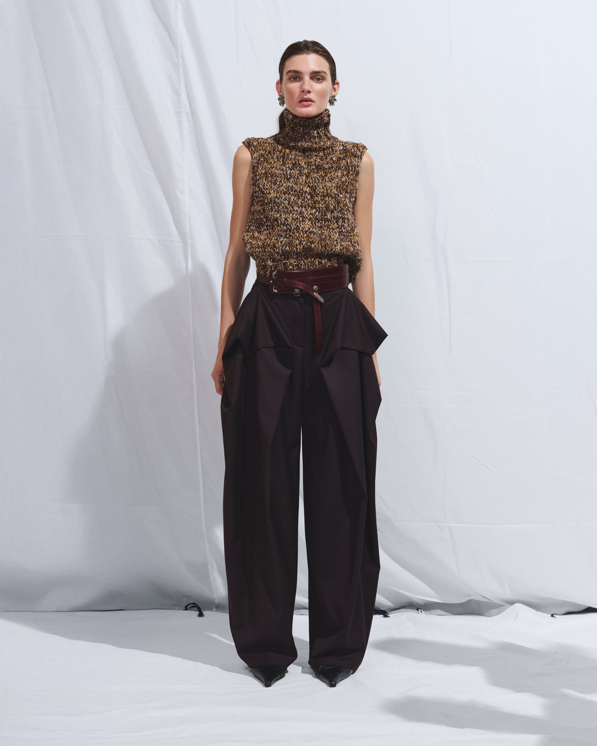 Aubergine trousers with draped detail
