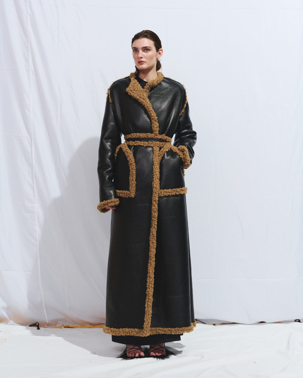 Long black eco-leather sheepskin coat