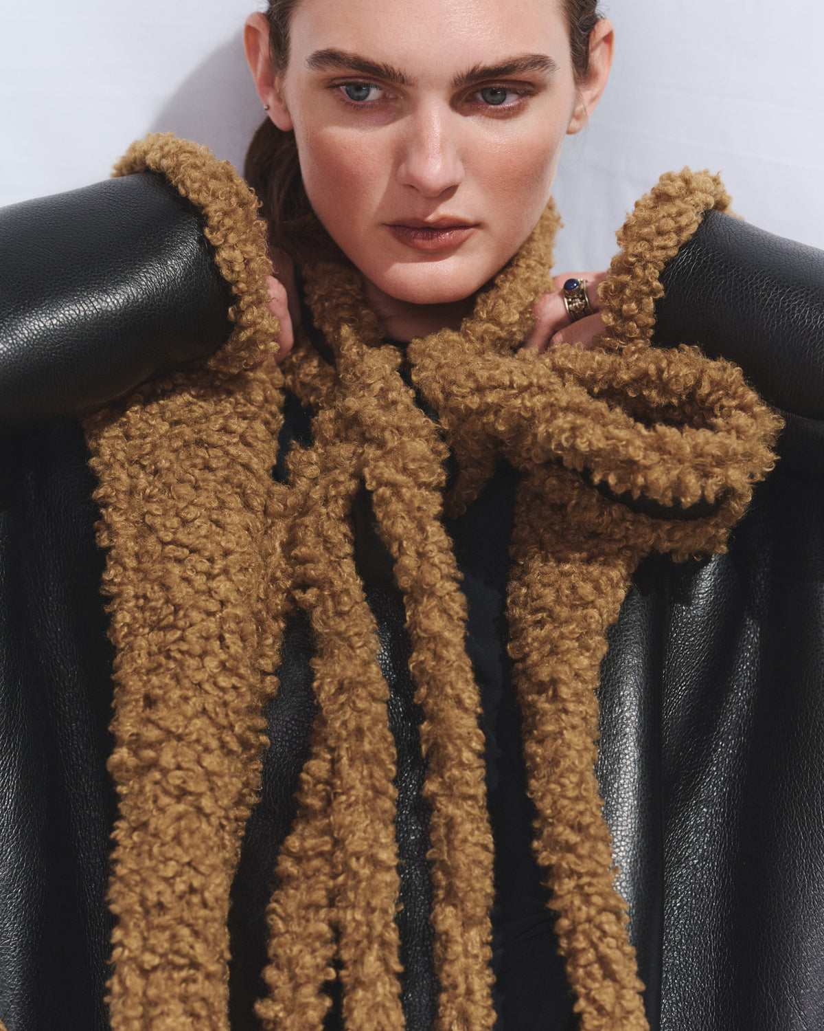 Long black eco-leather sheepskin coat
