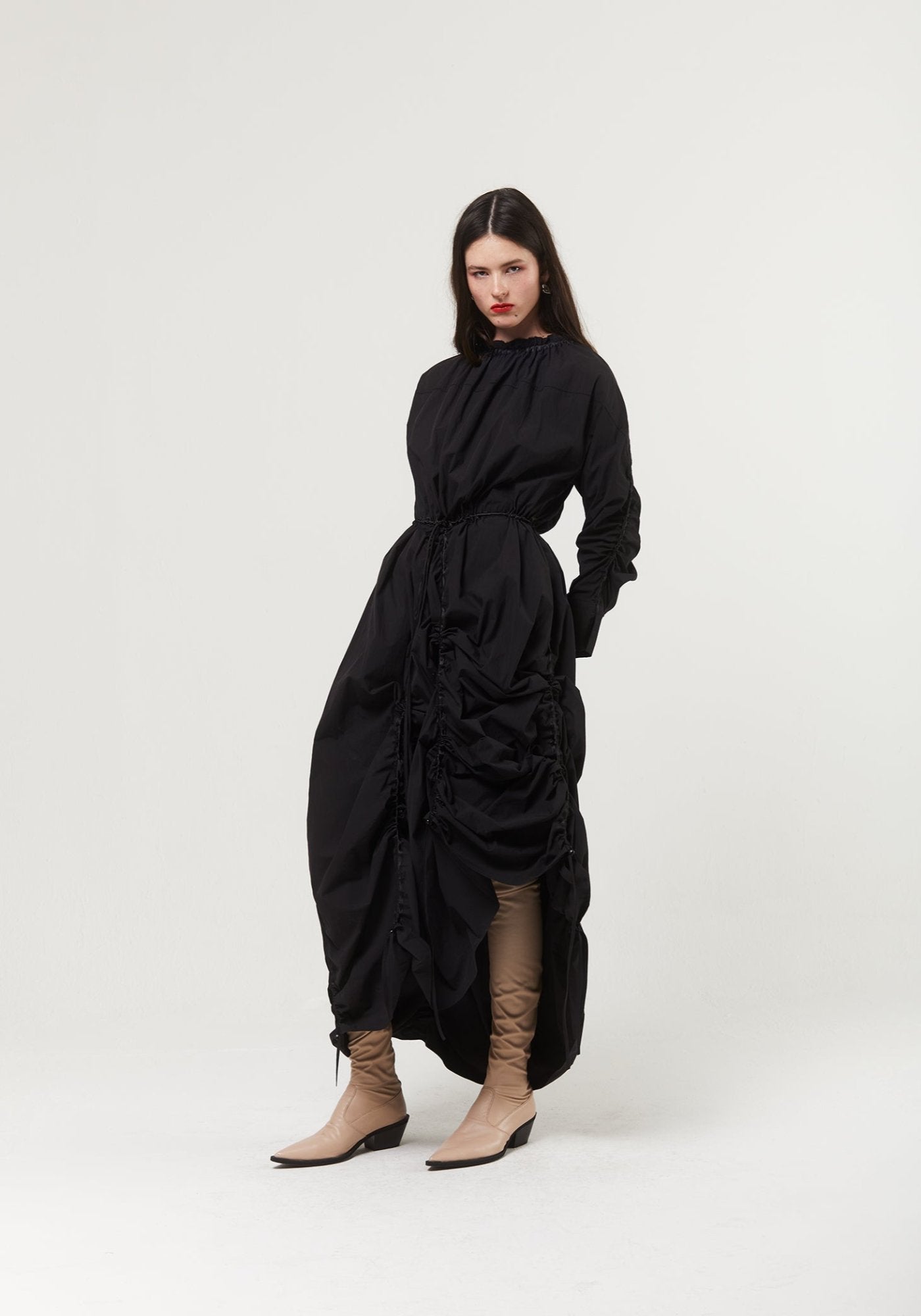 Black cotton dress with drawstrings