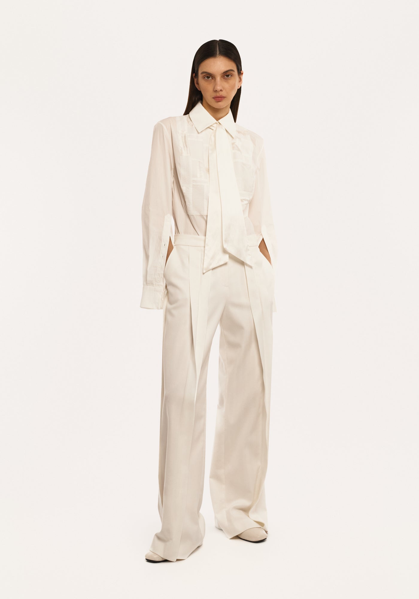 White shirt with patchwork and tie