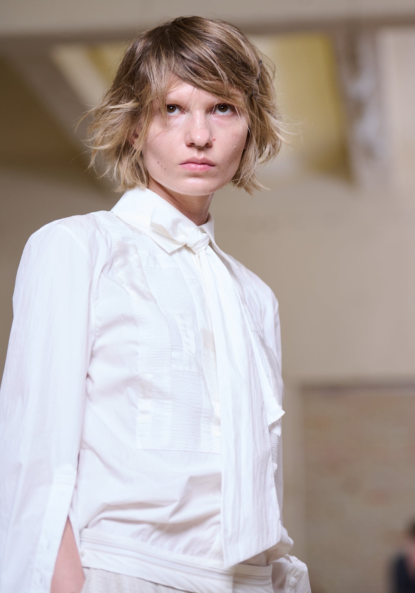White shirt with patchwork and tie