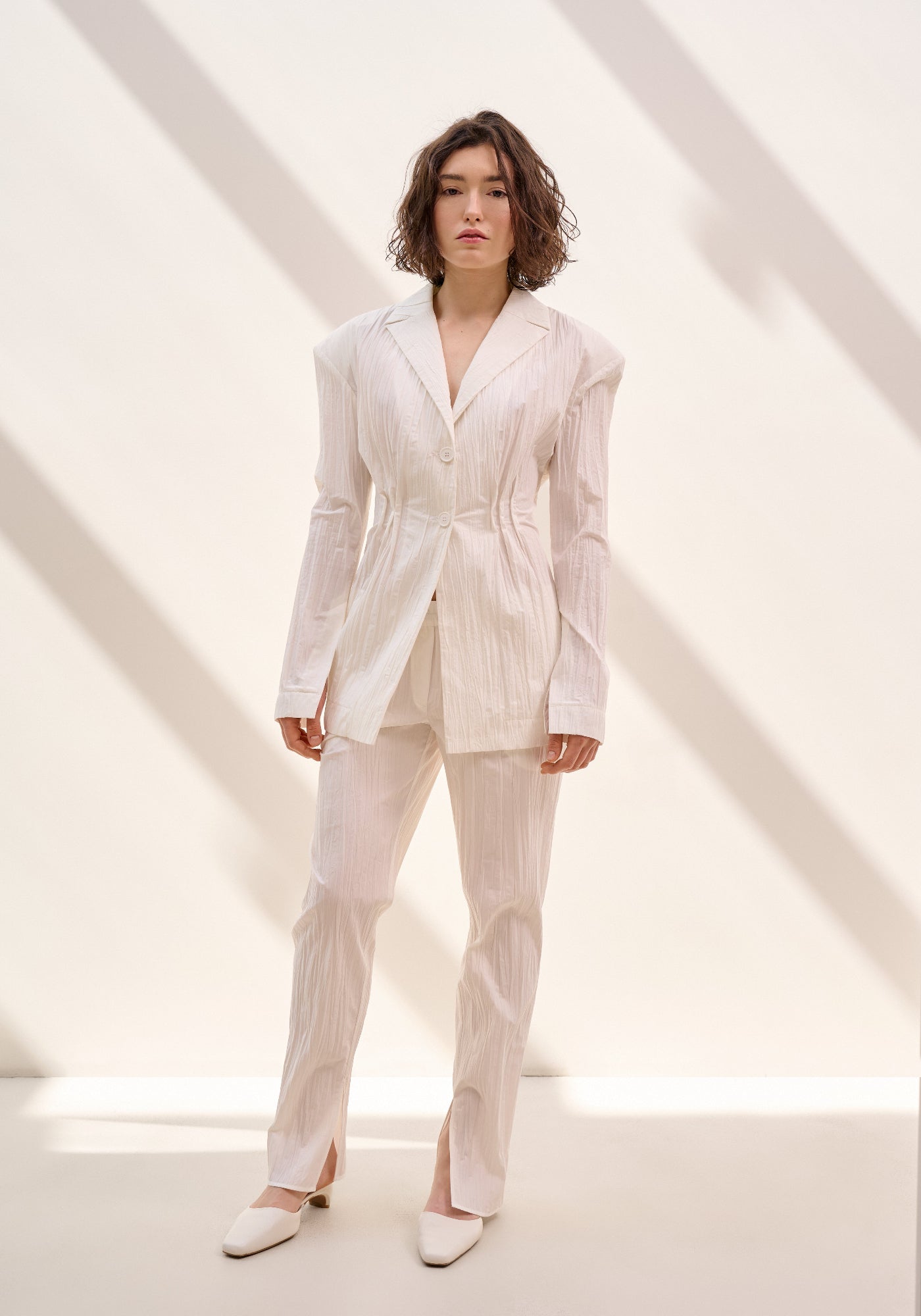 White crushed cigarette trousers