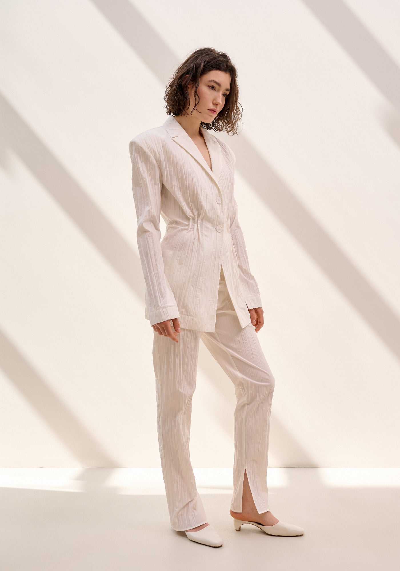 White crushed cigarette trousers