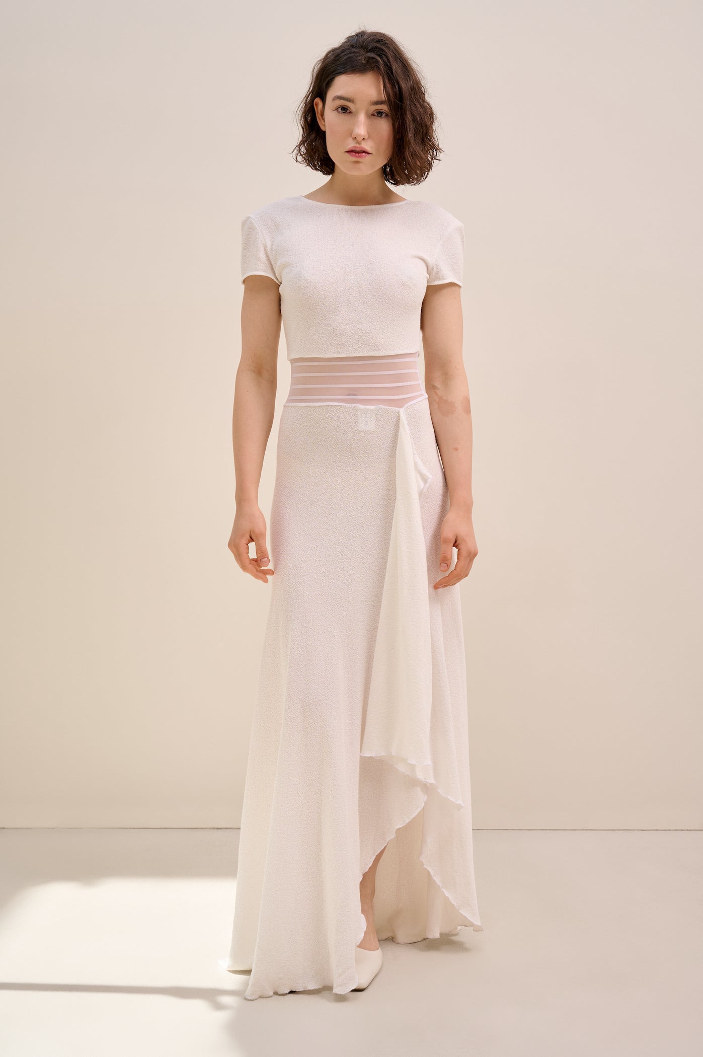 Knitted white dress with sheer ribbons