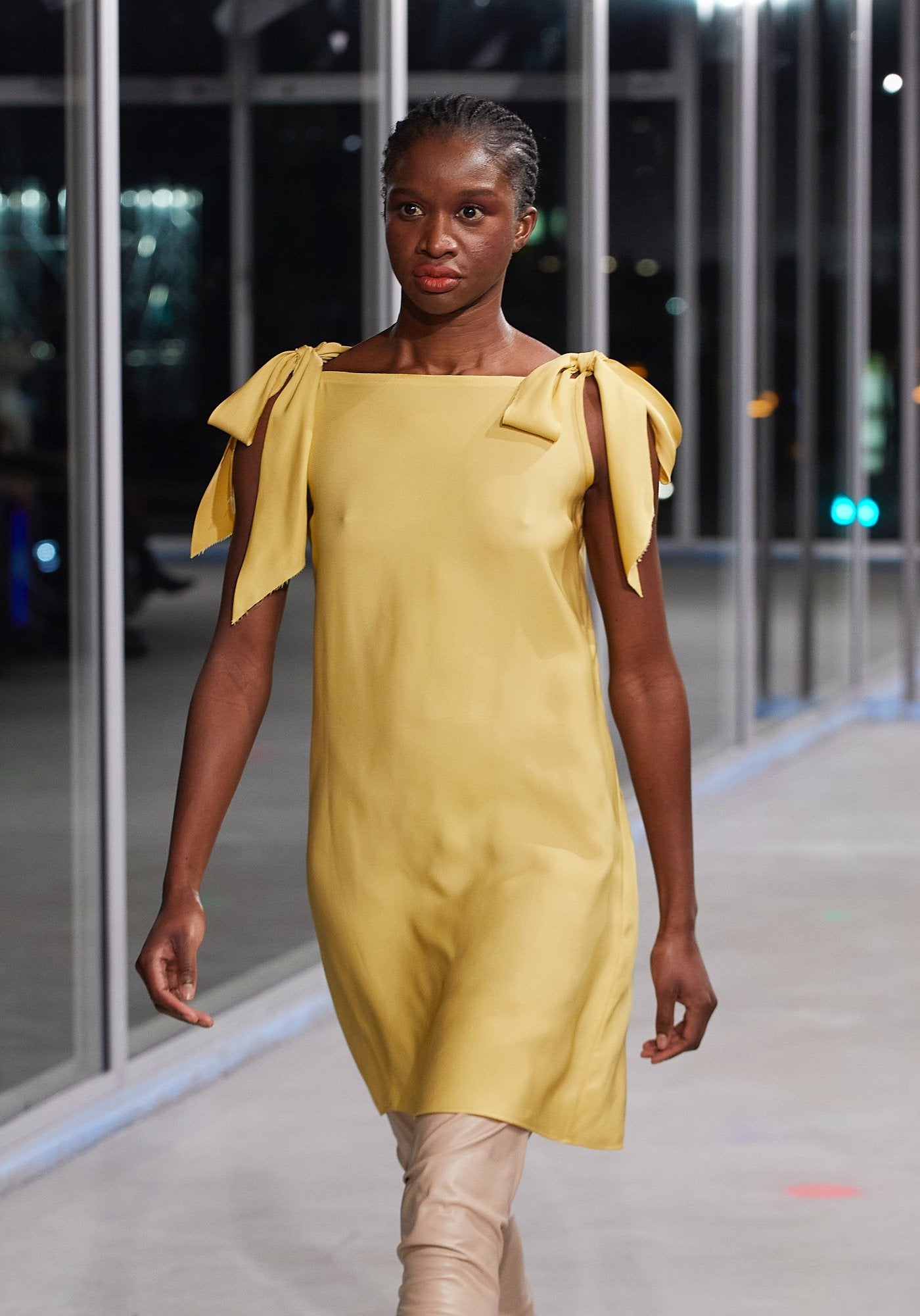 Silk yellow mini-dress with bows