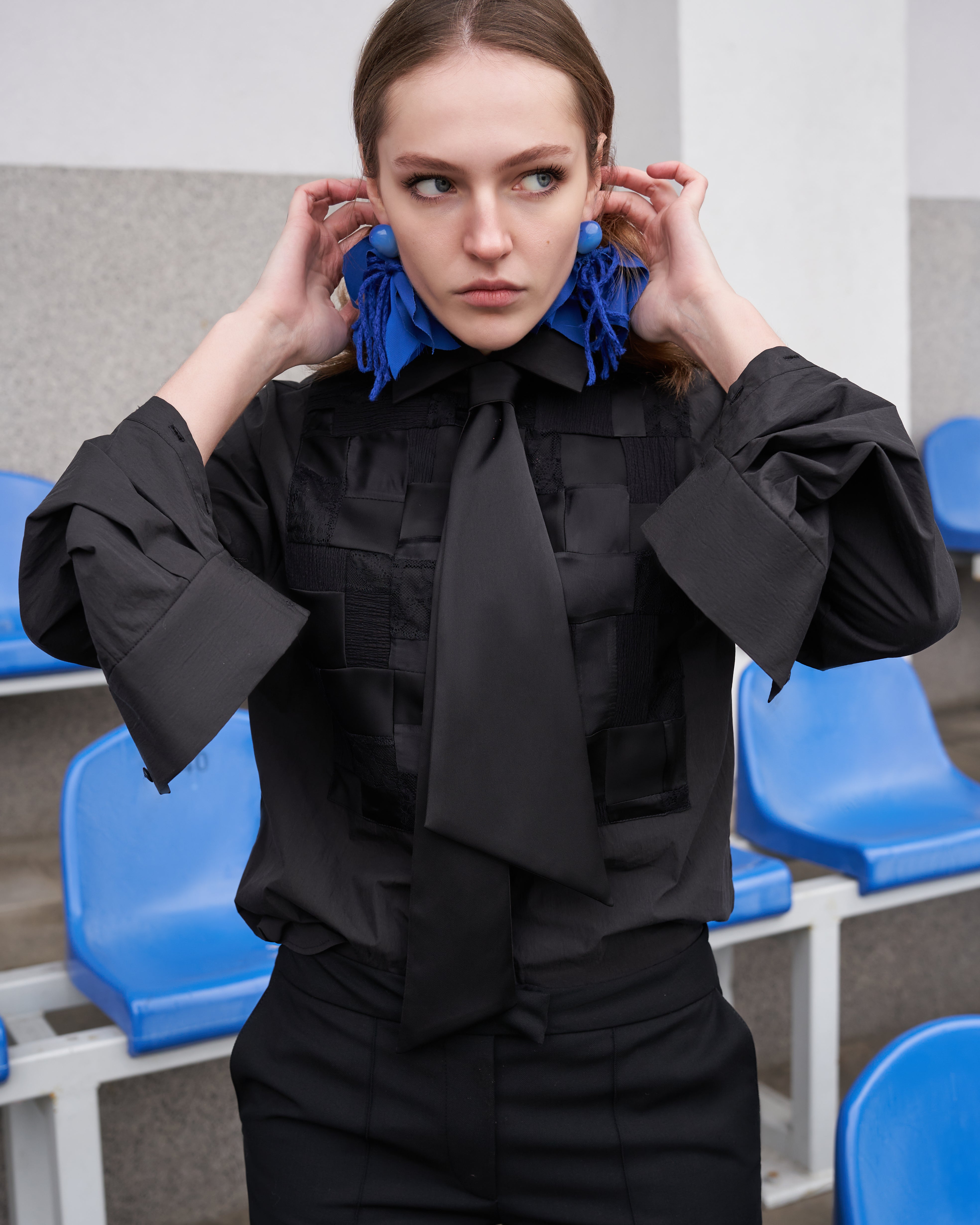 Black shirt with patchwork and tie