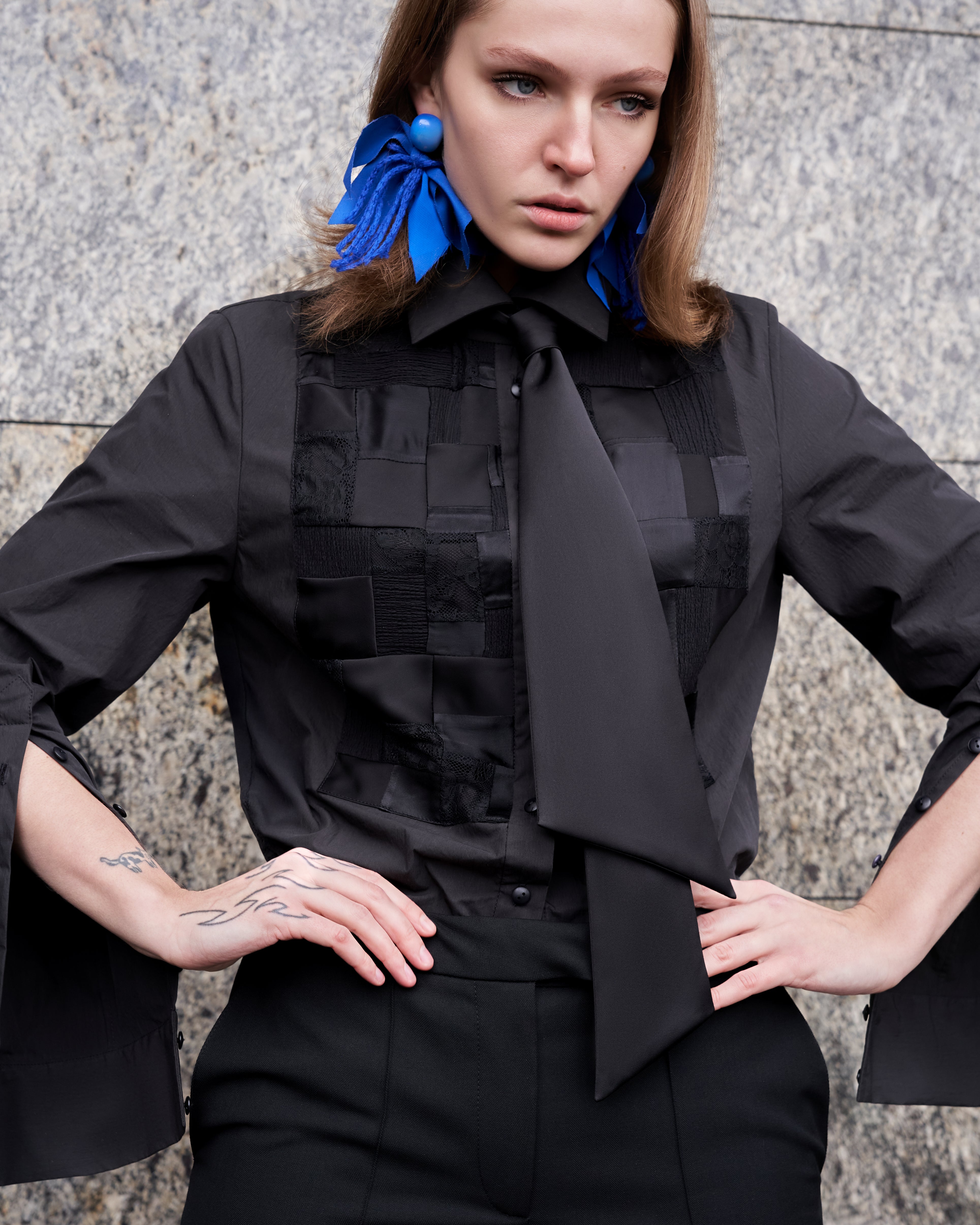 Black shirt with patchwork and tie