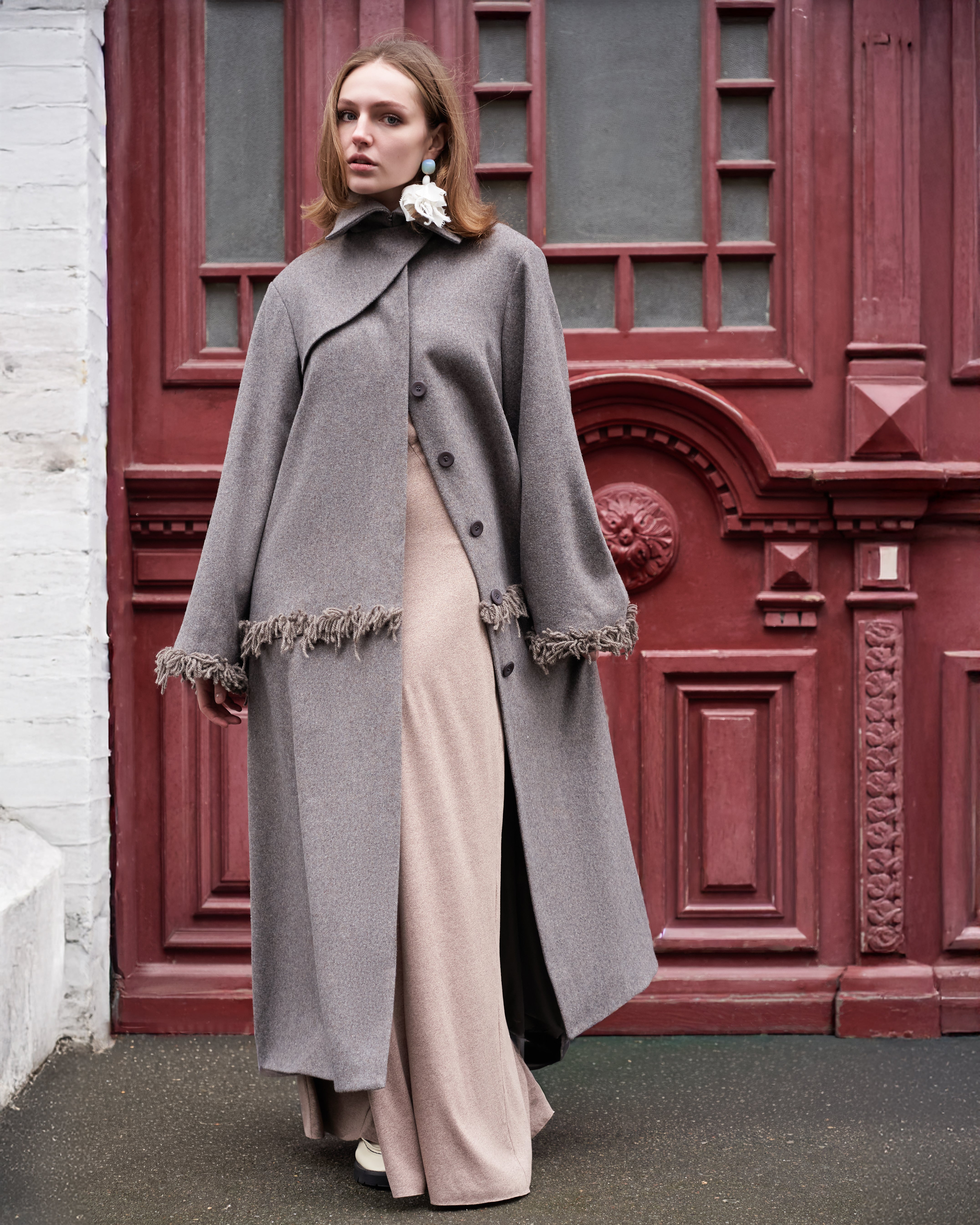 Brown coat with craft embroidery