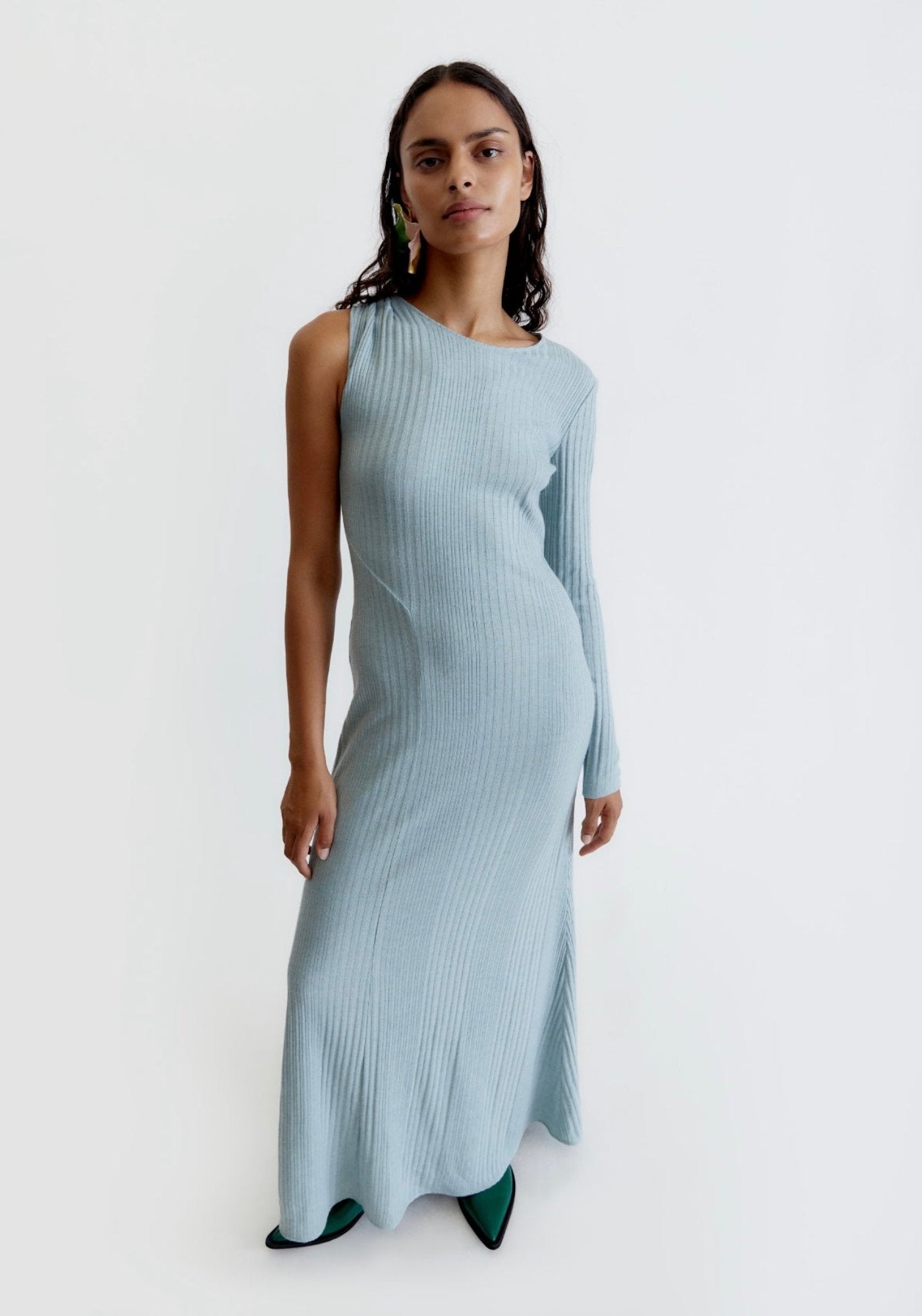 Ash blue one-shoulder dress