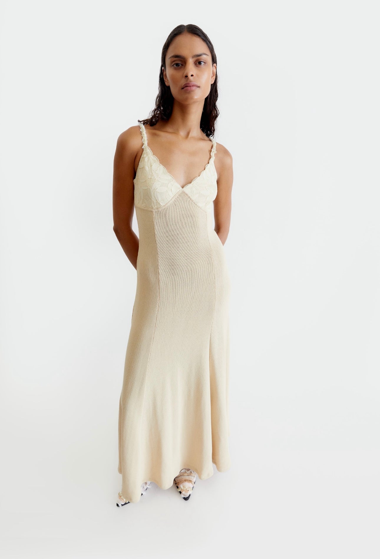 Knitted slip-dress with handcrafted straps