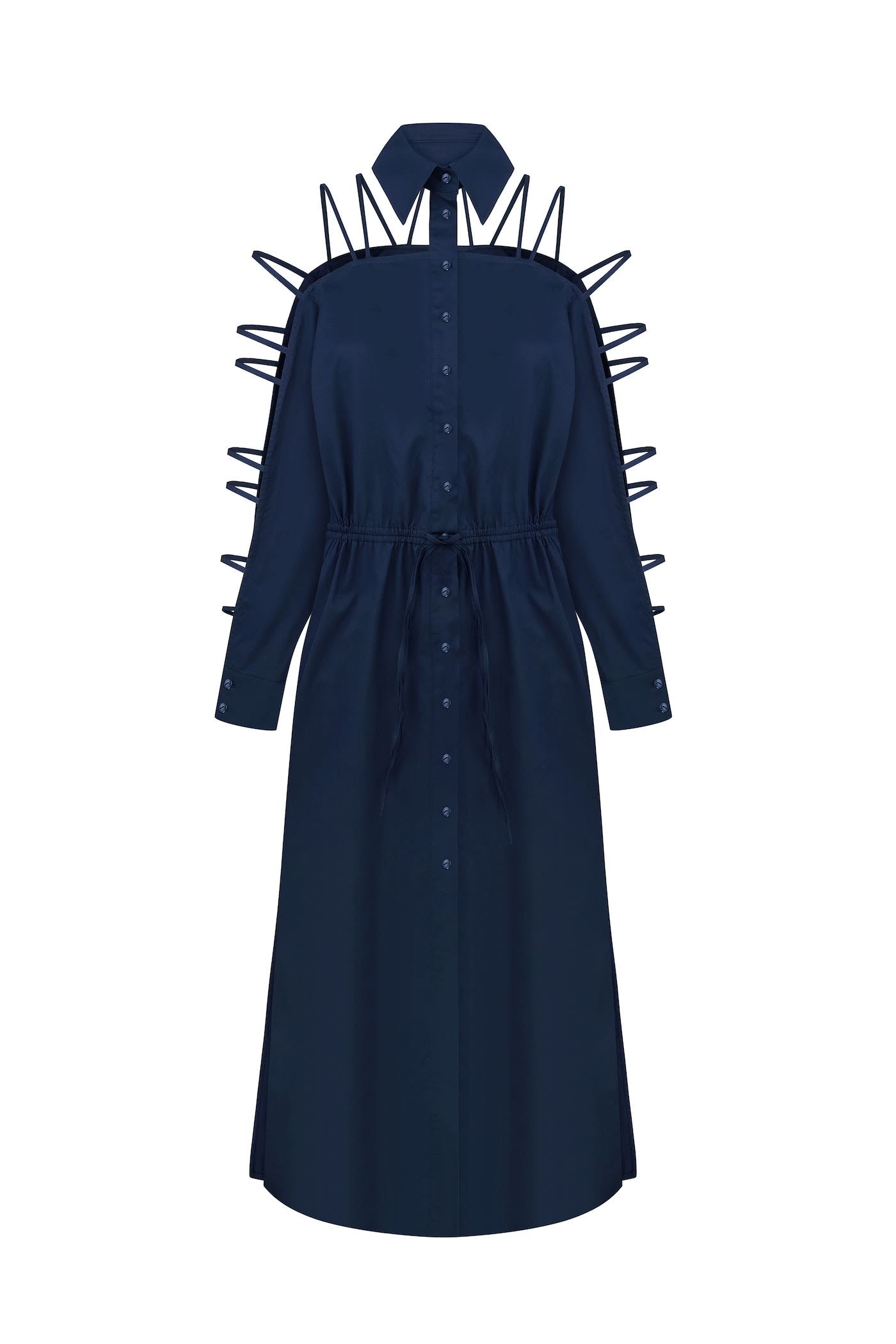 Dark blue shirt-dress with many straps
