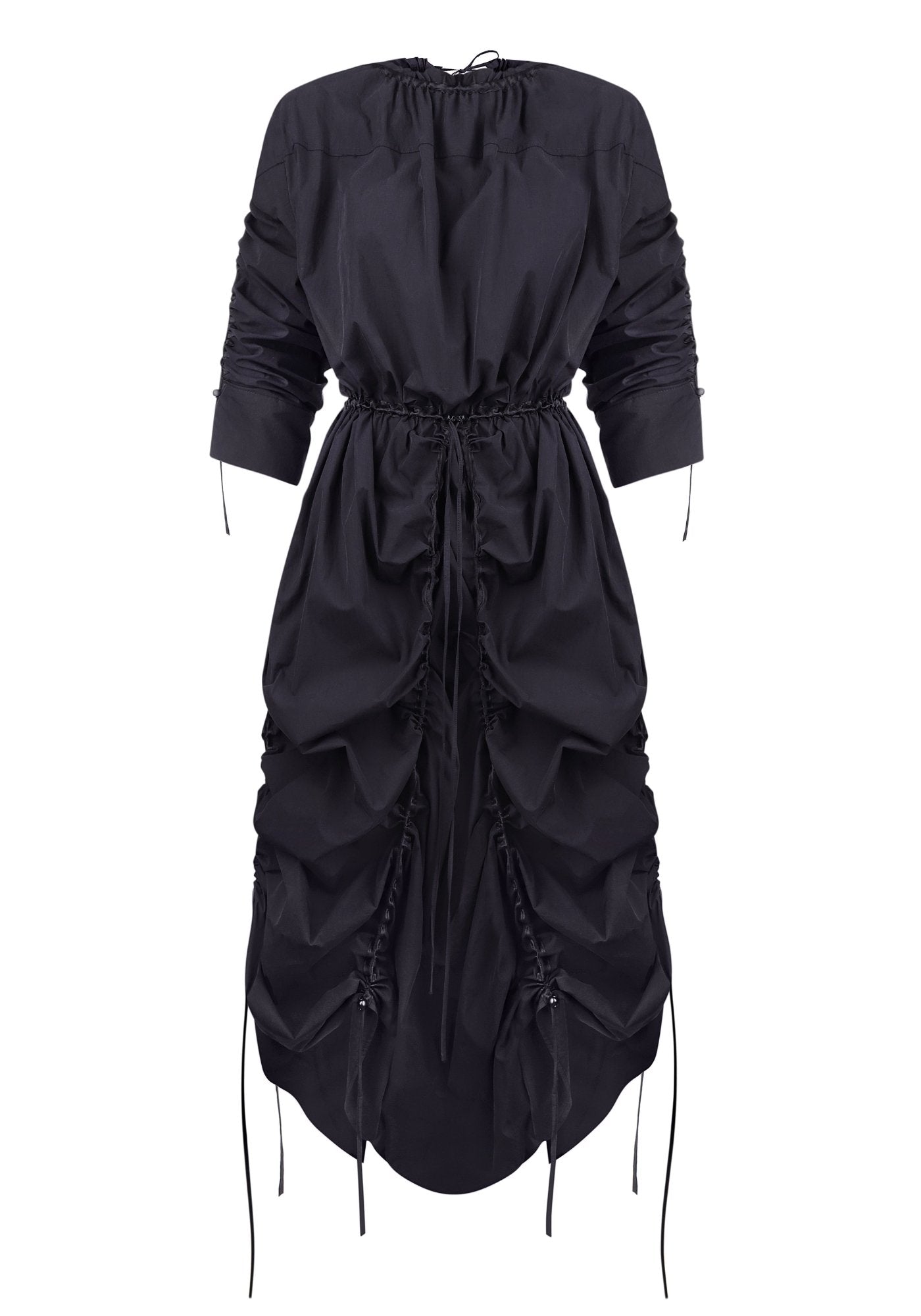 Black cotton dress with drawstrings