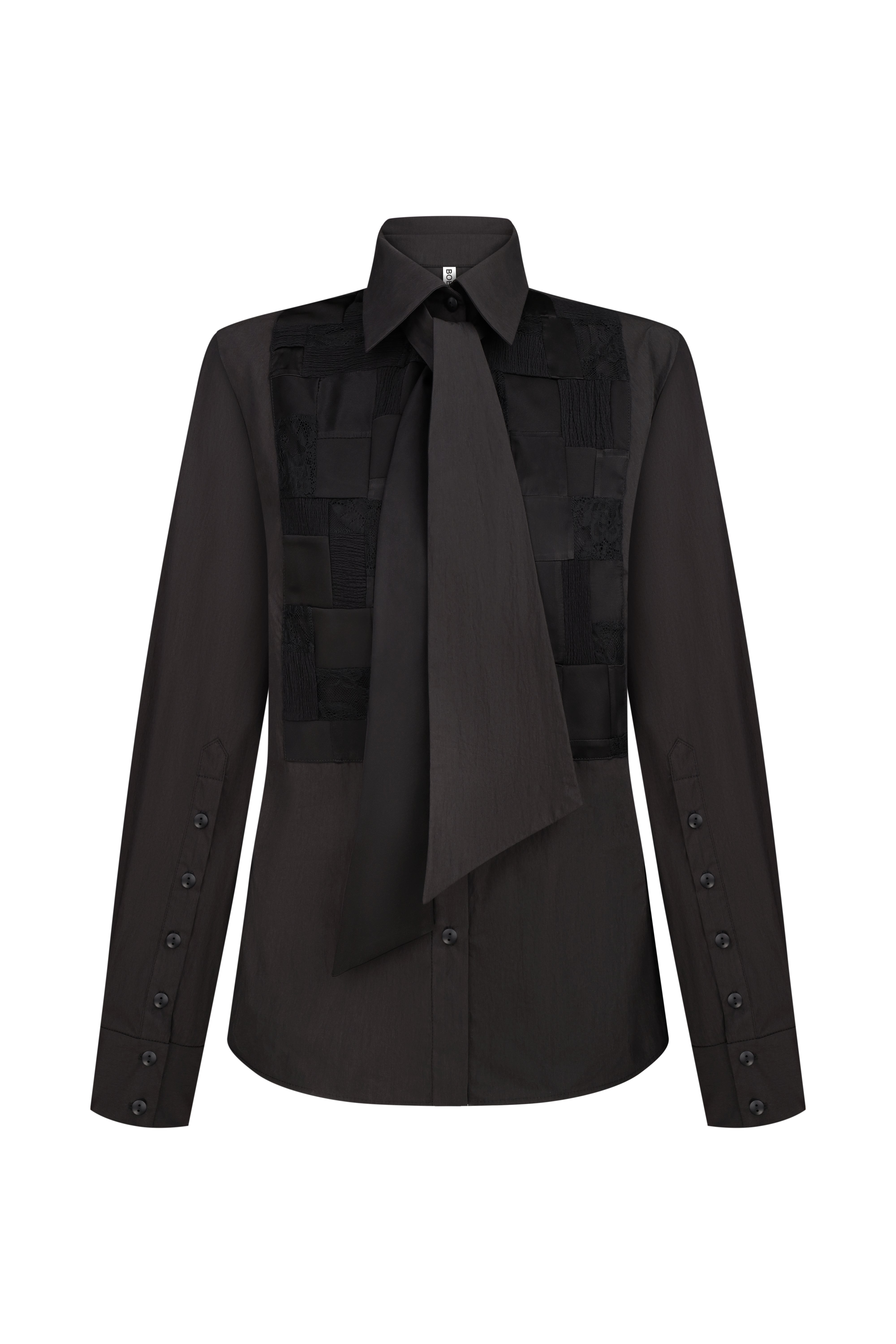 Black shirt with patchwork and tie