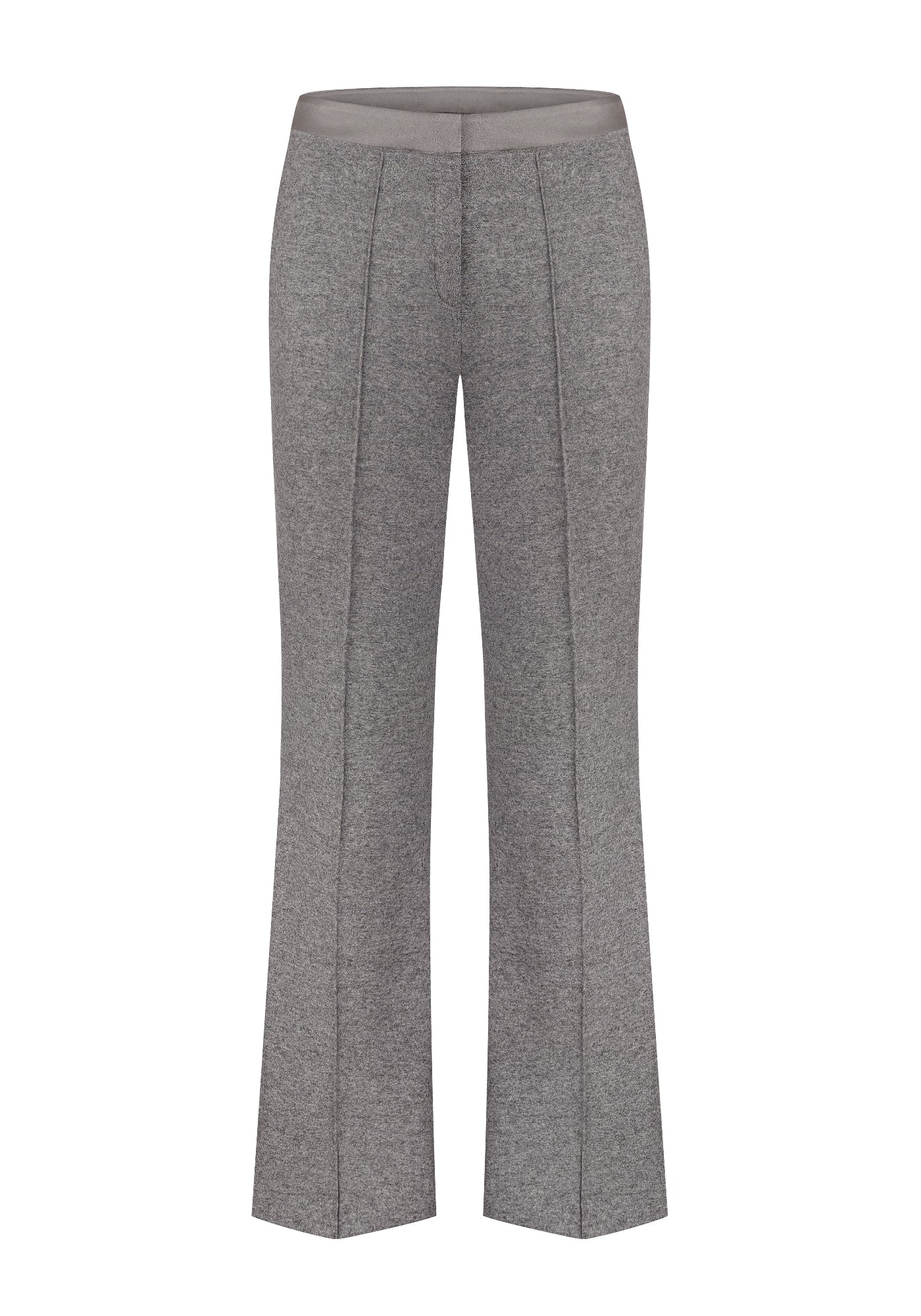 Grey knitted wool pants with a silk belt