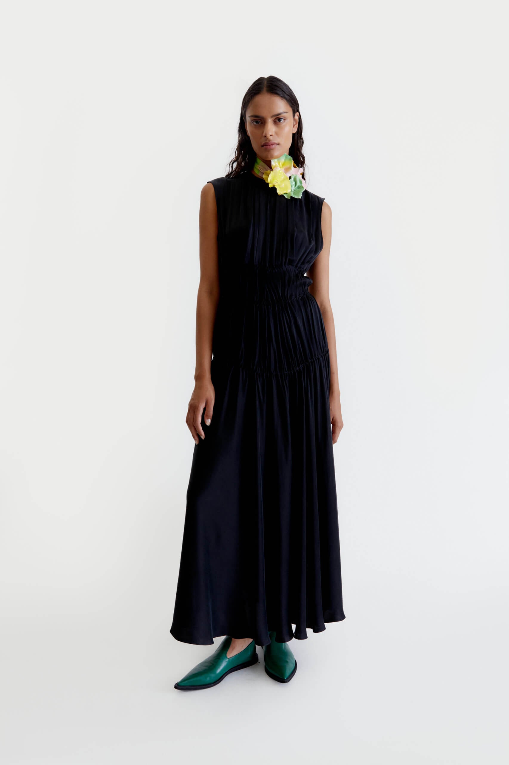 Black maxi dress with gathering